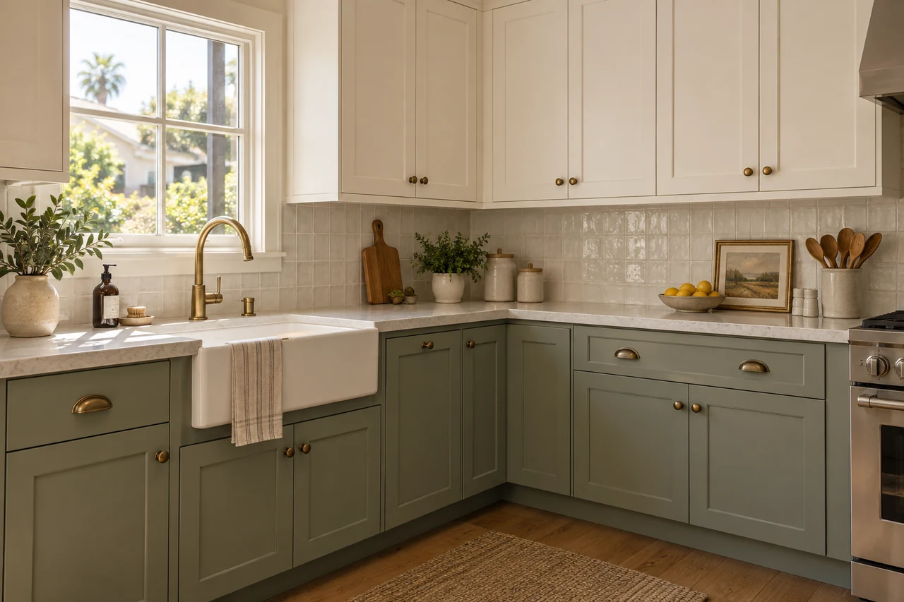 Completed painted kitchen cabinets in a Los Angeles home